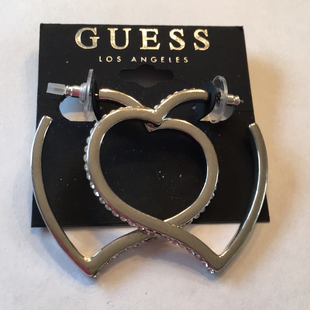 NWT Guess silver tone rhinestones heart hoops
